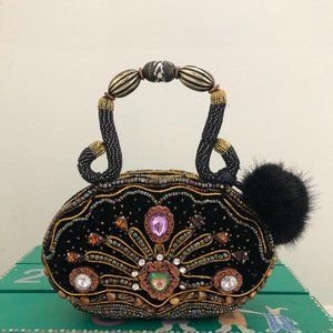 Dazzling Black Velvet and Rhinestone Bag with Rabbit Fur Pom Poms